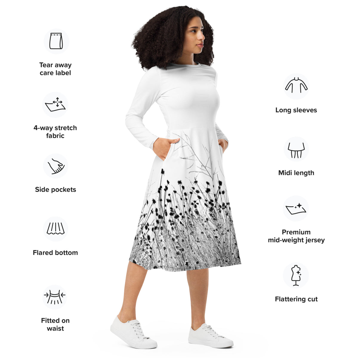Frrrbird”-All-over print long sleeve midi dress – lookoworld